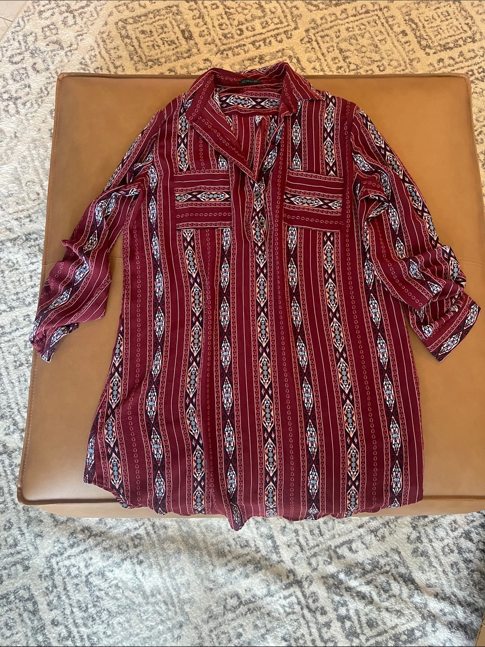 Cals Burgundy Patterned Button-Up Blouse